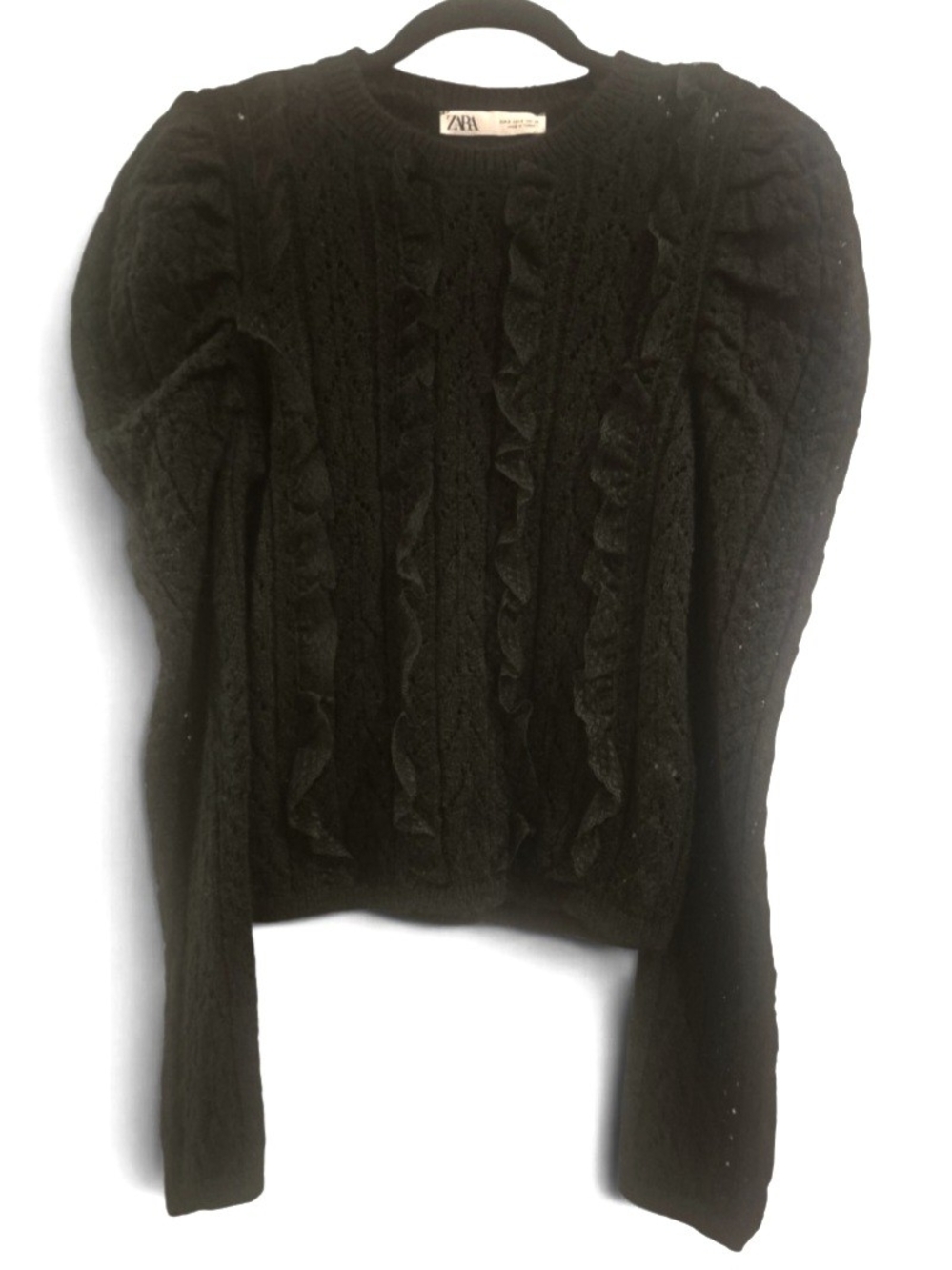 ZARA Black Ruffle Cable-Front Crew Sweater